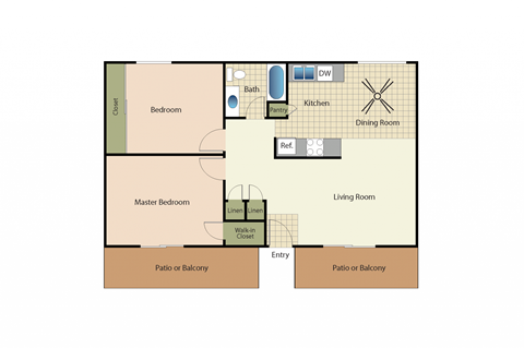 Two bedrooms one bathroom apartment floorplan